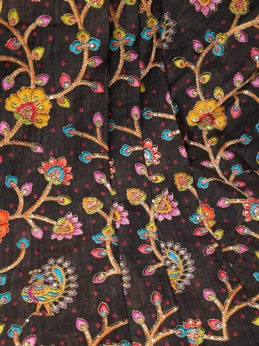 FABRIC ONLY Black color katha silk fabric with allover embroidery - per meter