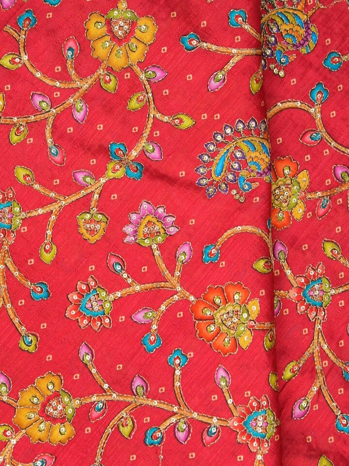 FABRIC ONLY Orange color katha silk fabric with allover embroidery - per meter