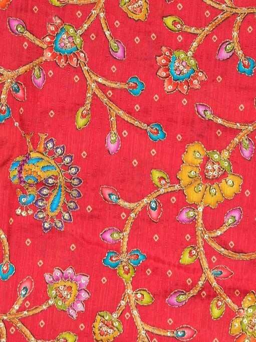 FABRIC ONLY Orange color katha silk fabric with allover embroidery - per meter