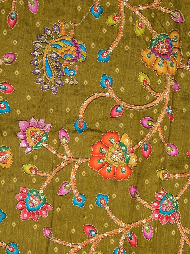 FABRIC ONLY Olive green color katha silk fabric with allover embroidery - per meter