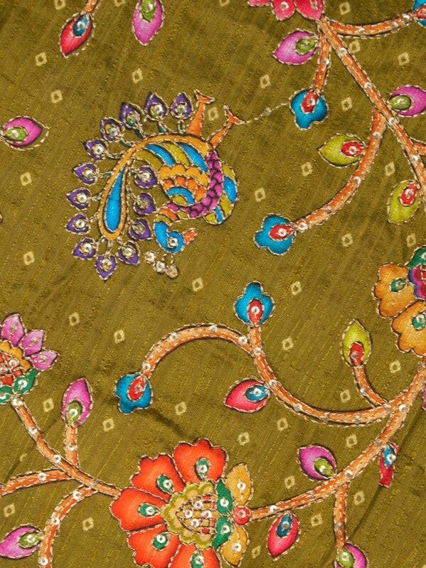 FABRIC ONLY Olive green color katha silk fabric with allover embroidery - per meter