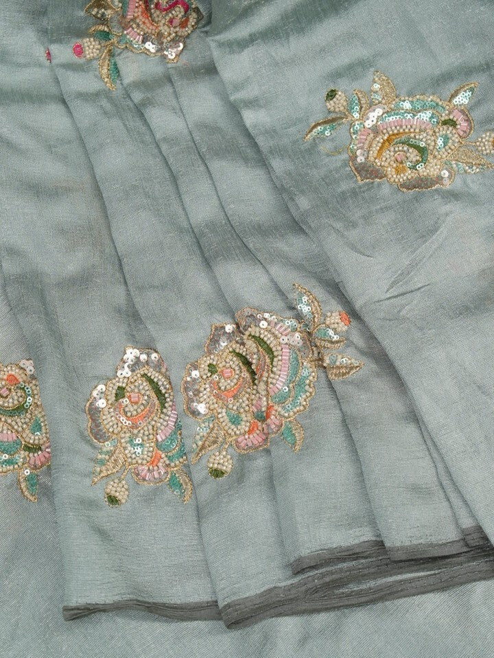 FABRIC ONLY Grey color vichitra silk fabric with allover embroidery - per meter