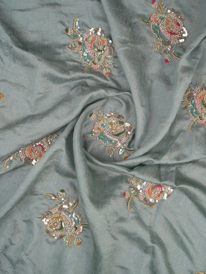 FABRIC ONLY Grey color vichitra silk fabric with allover embroidery - per meter