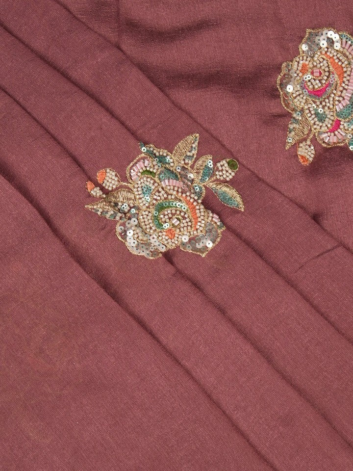 FABRIC ONLY Maroon color vichitra silk fabric with allover embroidery - per meter