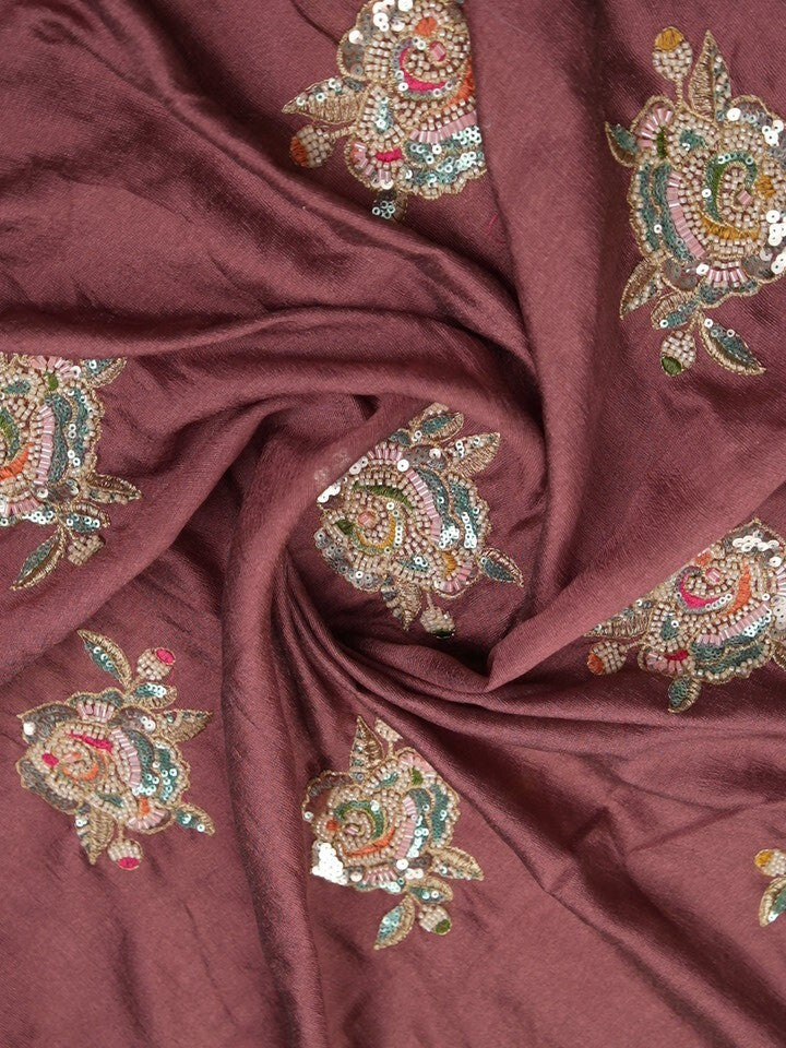 FABRIC ONLY Maroon color vichitra silk fabric with allover embroidery - per meter