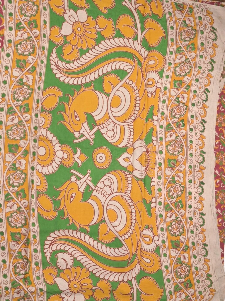 Kalamakari cotton saree maroon color allover prints & printed border with printed pallu and contrast blouse