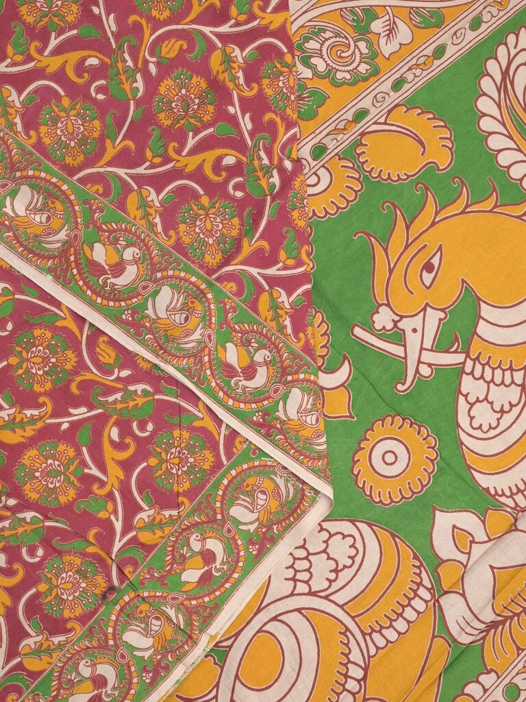 Kalamakari cotton saree maroon color allover prints & printed border with printed pallu and contrast blouse