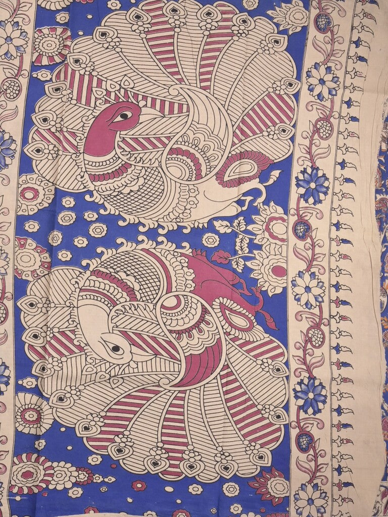 Kalamakari cotton saree royal blue color allover prints & printed border with printed pallu and contrast blouse