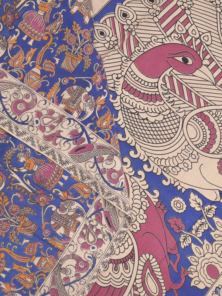 Kalamakari cotton saree royal blue color allover prints & printed border with printed pallu and contrast blouse