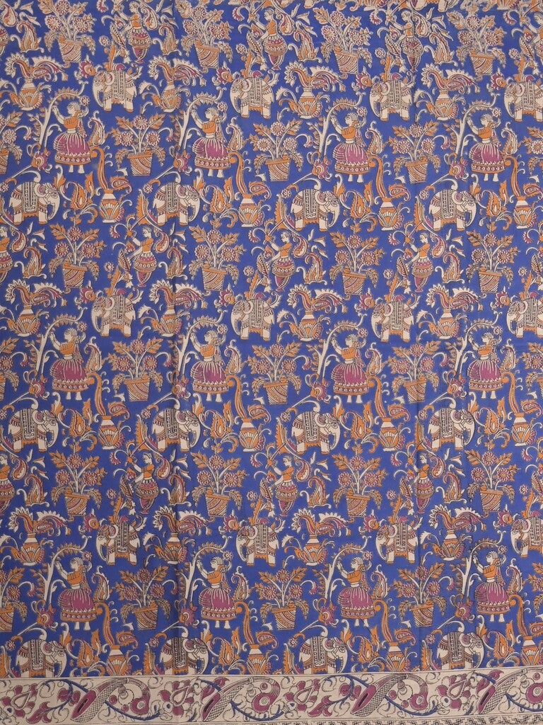 Kalamakari cotton saree royal blue color allover prints & printed border with printed pallu and contrast blouse