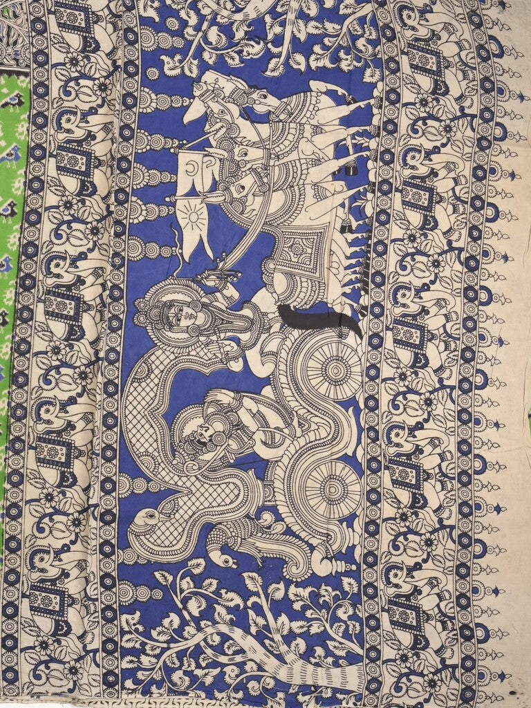 Kalamakari cotton saree parrot green color allover prints & printed border with printed pallu and contrast blouse