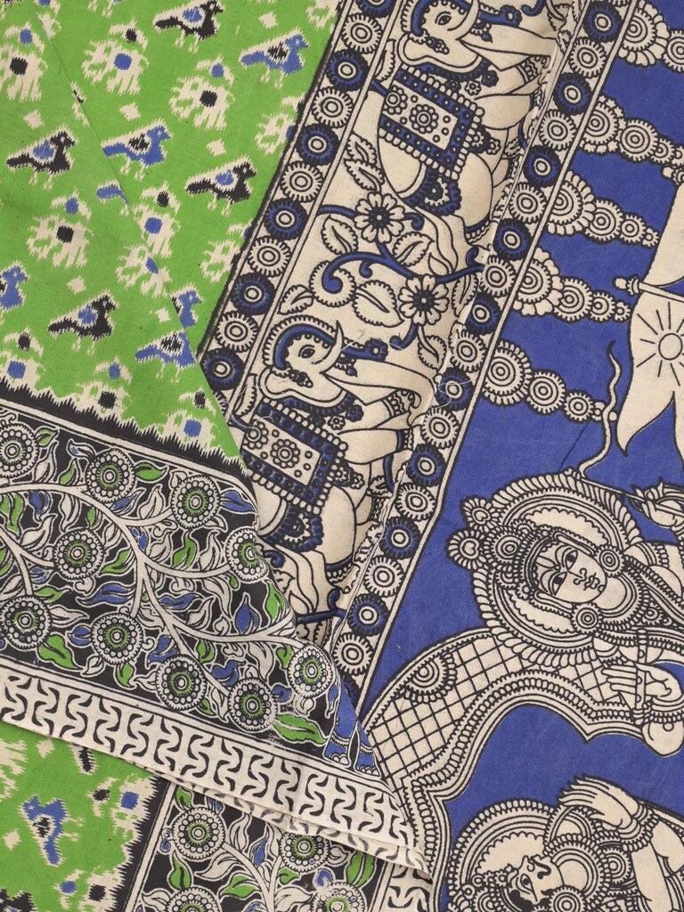 Kalamakari cotton saree parrot green color allover prints & printed border with printed pallu and contrast blouse