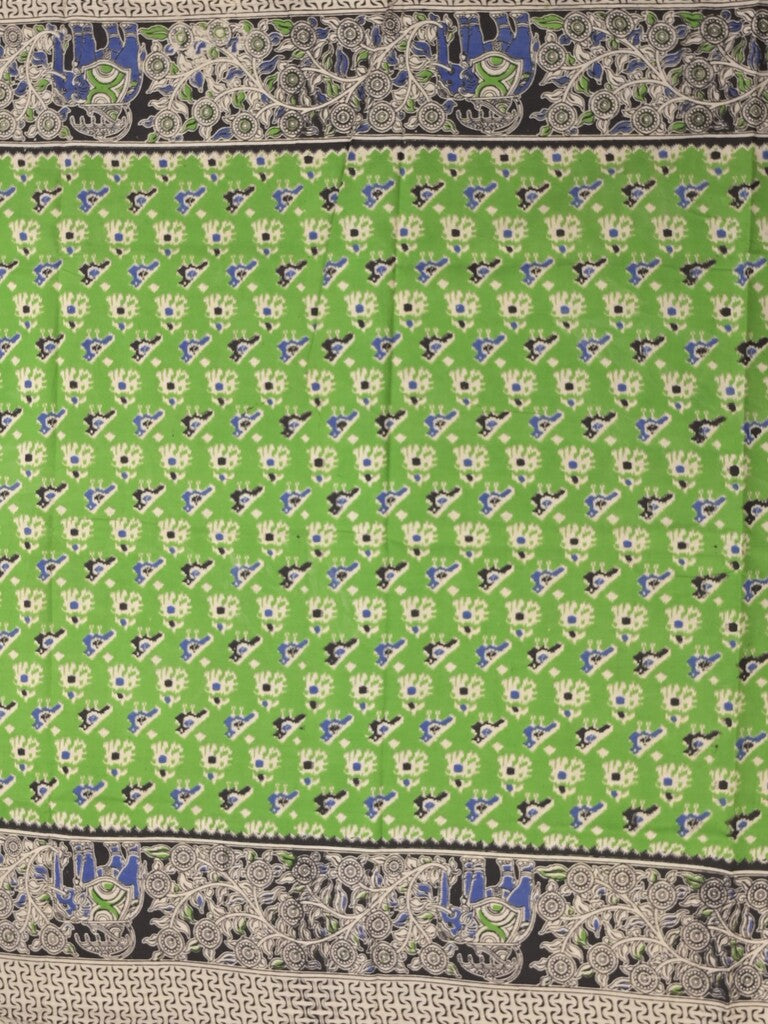 Kalamakari cotton saree parrot green color allover prints & printed border with printed pallu and contrast blouse