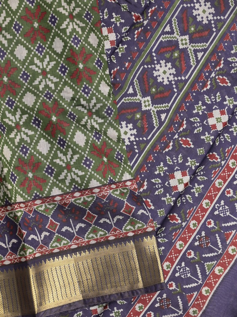 Maheshwari fancy saree leaf green color allover prints & zari border with contrast printed pallu and blouse