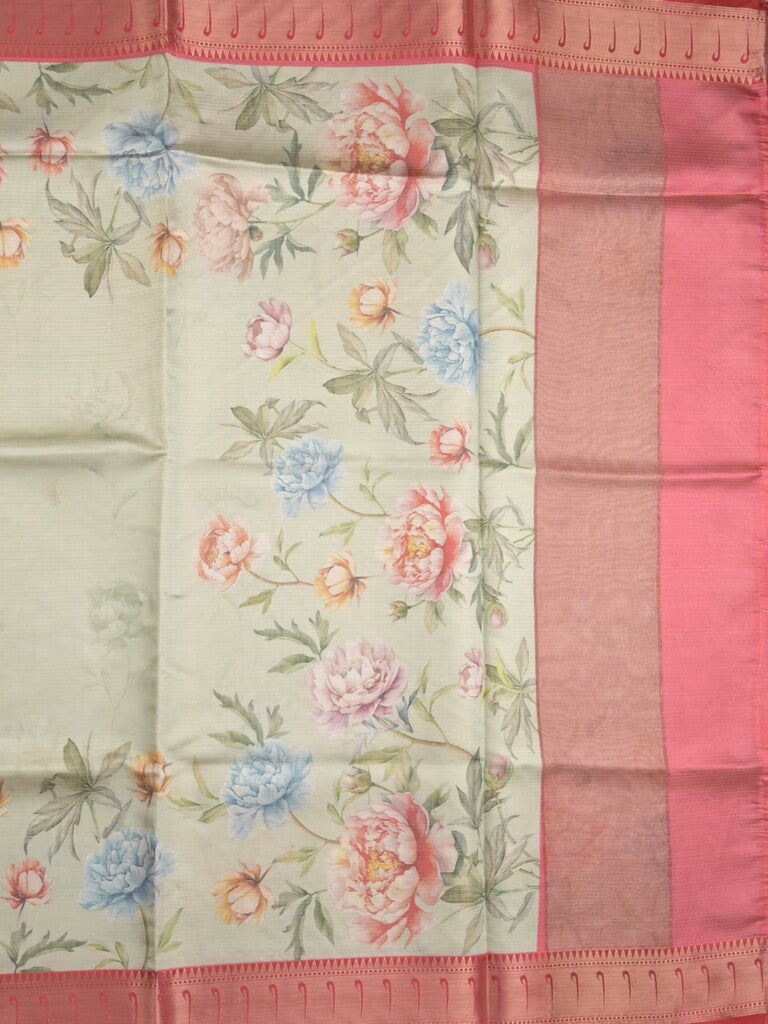 Banaras digital print fancy sarees half white color allover prints & zari border with short pallu and contrast blouse