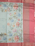 Banaras digital print fancy sarees light blue color allover prints & zari border with short pallu and contrast blouse