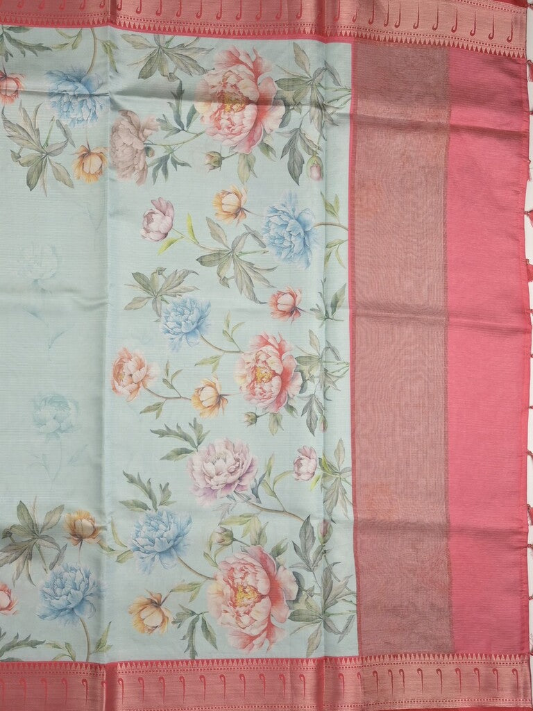 Banaras digital print fancy sarees light blue color allover prints & zari border with short pallu and contrast blouse