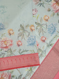 Banaras digital print fancy sarees light blue color allover prints & zari border with short pallu and contrast blouse