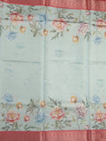 Banaras digital print fancy sarees light blue color allover prints & zari border with short pallu and contrast blouse