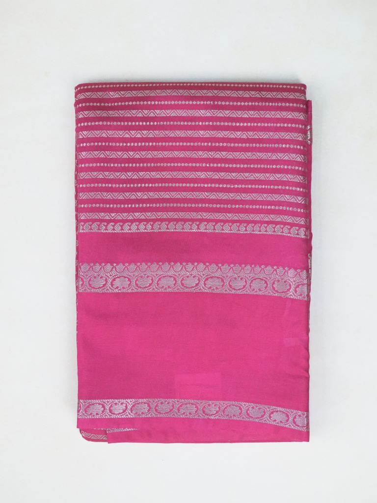 Banaras fancy saree pink color with allover zari stripes, gap border with brocade pallu and attached blouse