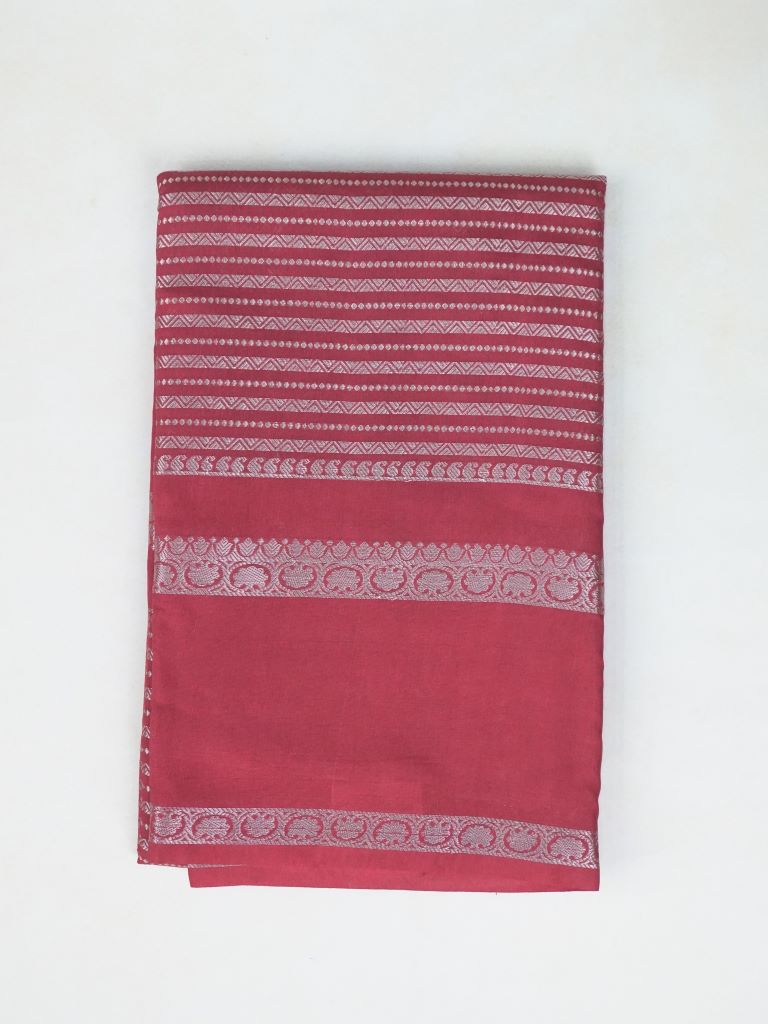 Banaras fancy saree red color with allover zari stripes, gap border with brocade pallu and attached blouse