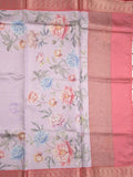 Banaras digital print fancy sarees pastel purple color allover prints & zari border with short pallu and contrast blouse