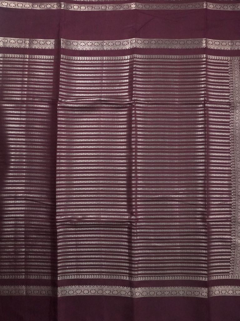 Banaras fancy saree wine color with allover zari stripes, gap border with brocade pallu and attached blouse