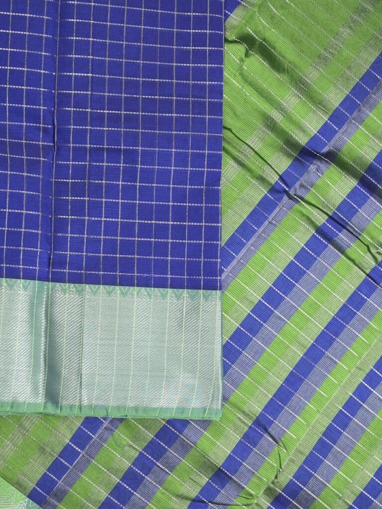 Mangalagiri fancy saree royal blue color allover zari checks & kaddi border with contrast pallu and plain blouse