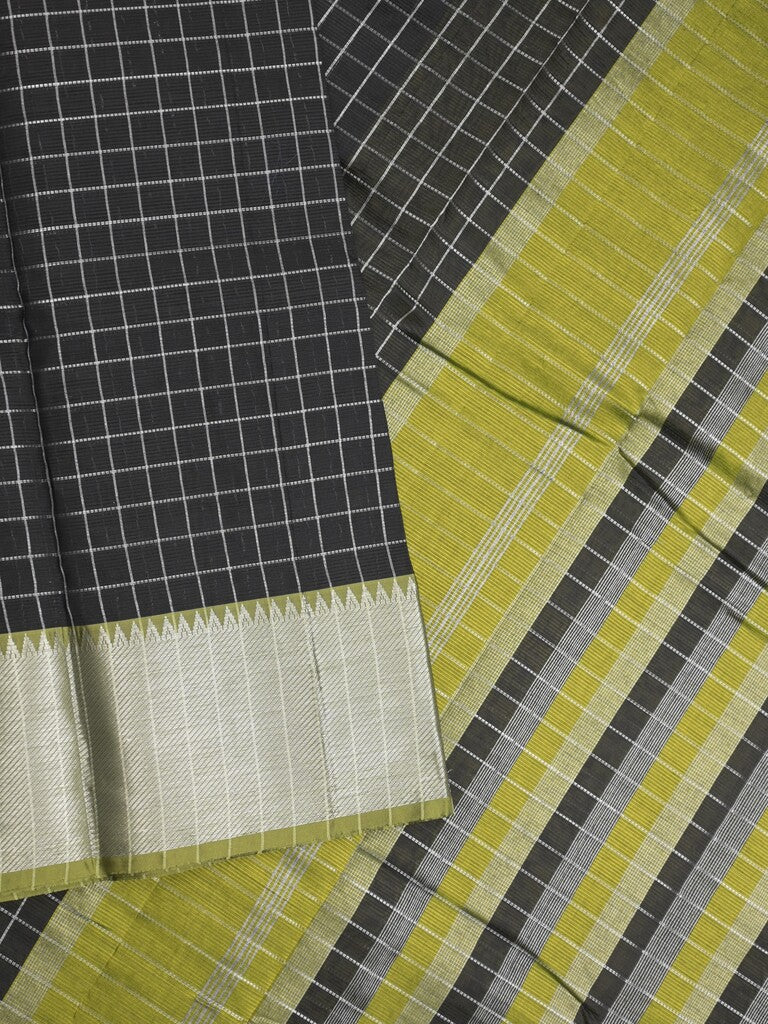 Mangalagiri fancy saree black color allover zari checks & kaddi border with contrast pallu and plain blouse