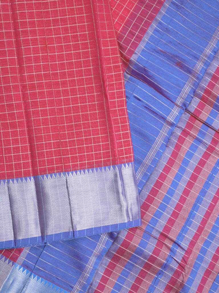 Mangalagiri fancy saree cherry pink color allover zari checks & kaddi border with contrast pallu and plain blouse
