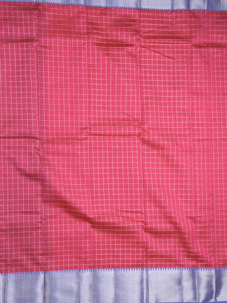 Mangalagiri fancy saree cherry pink color allover zari checks & kaddi border with contrast pallu and plain blouse
