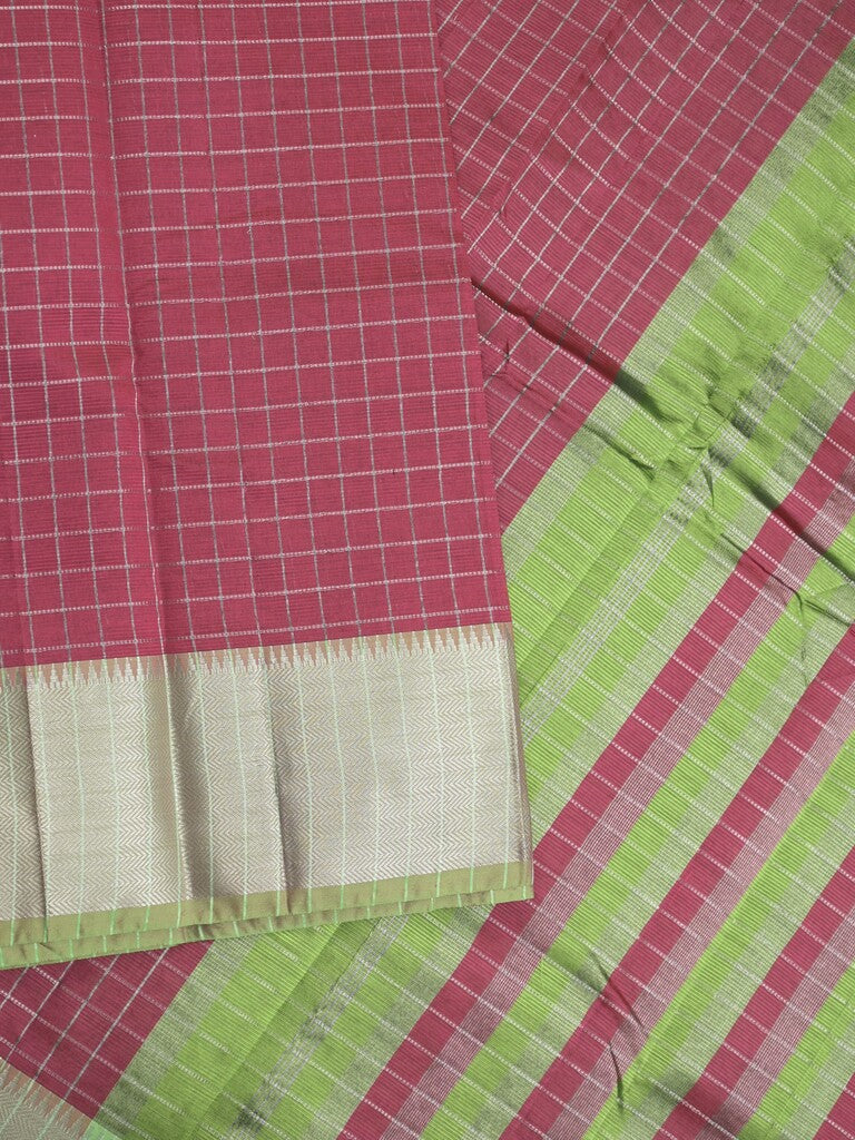 Mangalagiri fancy saree wine color allover zari checks & kaddi border with contrast pallu and plain blouse