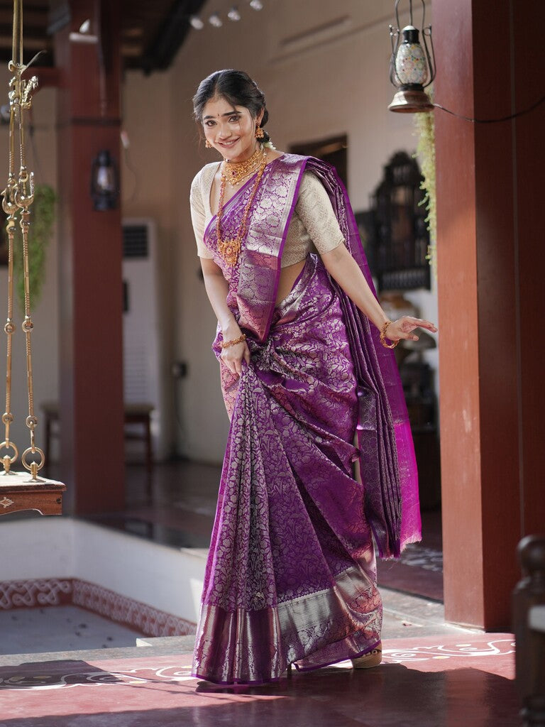Kanchi pattu saree purple color allover zari weaves & zari border with rich pallu and attached blouse