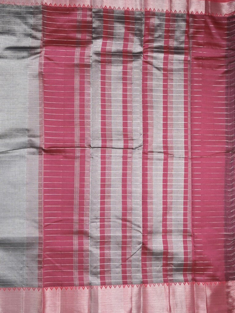 Mangalagiri fancy saree grey color allover zari checks & kaddi border with contrast pallu and plain blouse