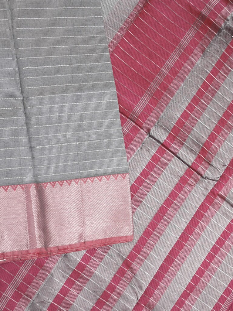Mangalagiri fancy saree grey color allover zari checks & kaddi border with contrast pallu and plain blouse