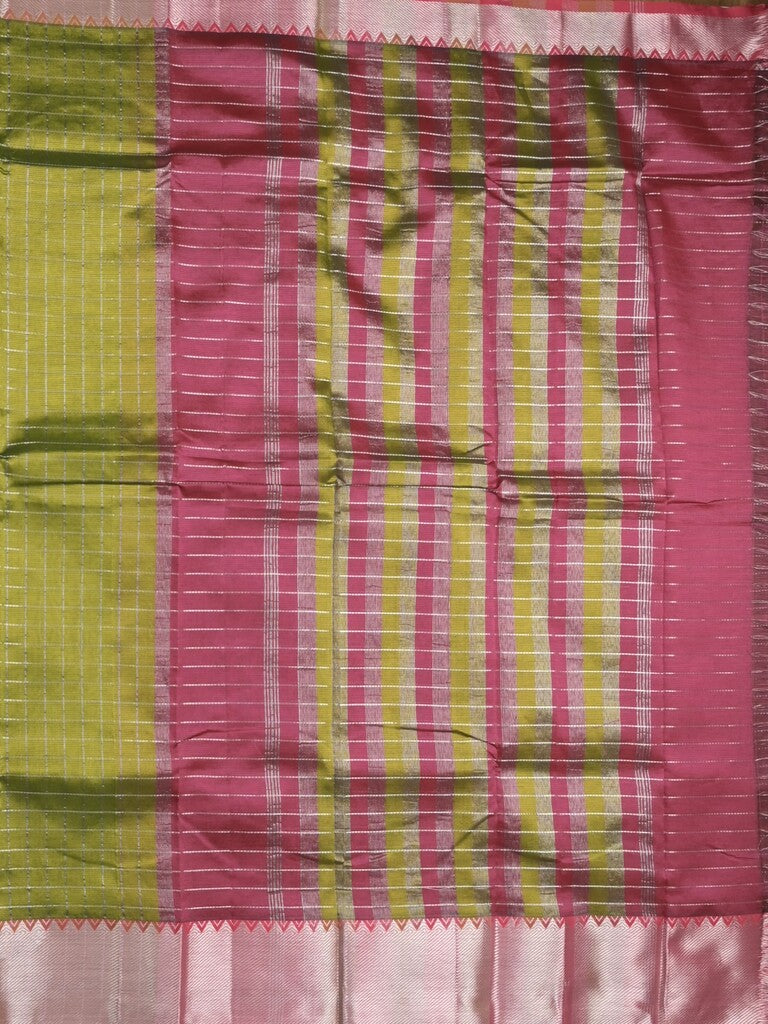 Mangalagiri fancy saree olive green color allover zari checks & kaddi border with contrast pallu and plain blouse