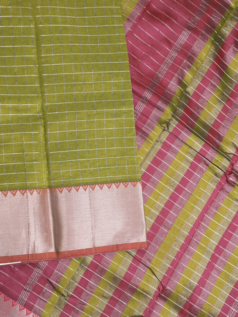 Mangalagiri fancy saree olive green color allover zari checks & kaddi border with contrast pallu and plain blouse