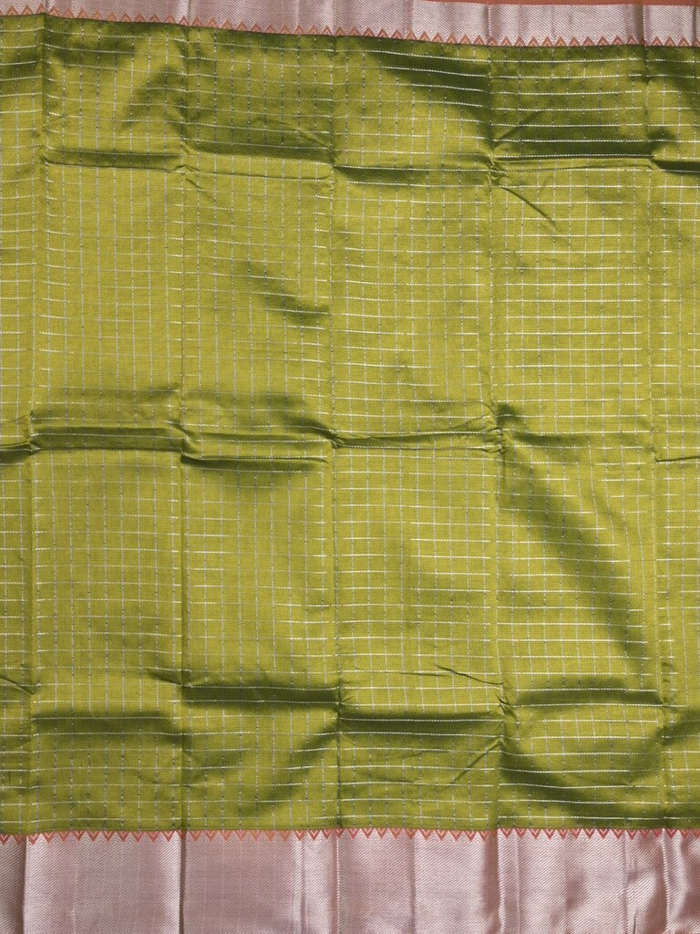 Mangalagiri fancy saree olive green color allover zari checks & kaddi border with contrast pallu and plain blouse