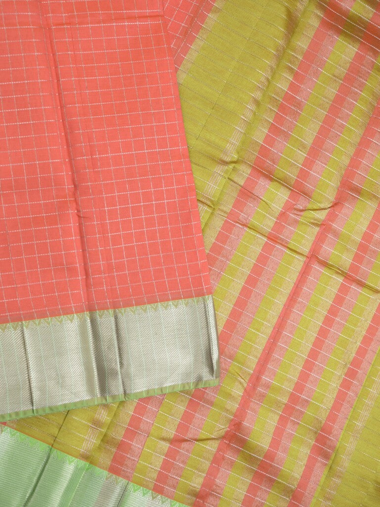 Mangalagiri fancy saree light pink color allover zari checks & kaddi border with contrast pallu and plain blouse