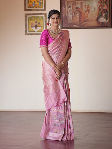 Banaras pattu saree purple color allover zari weaves & zari border with rich pallu and attached blouse
