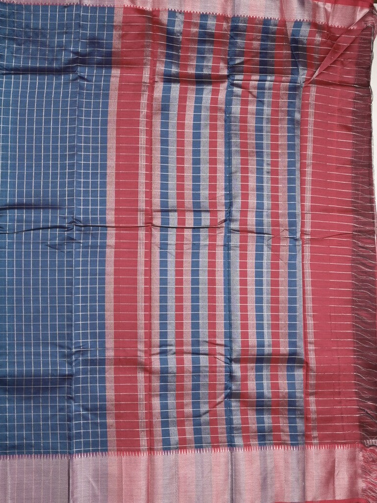 Mangalagiri fancy saree navy blue color allover zari checks & kaddi border with contrast pallu and plain blouse