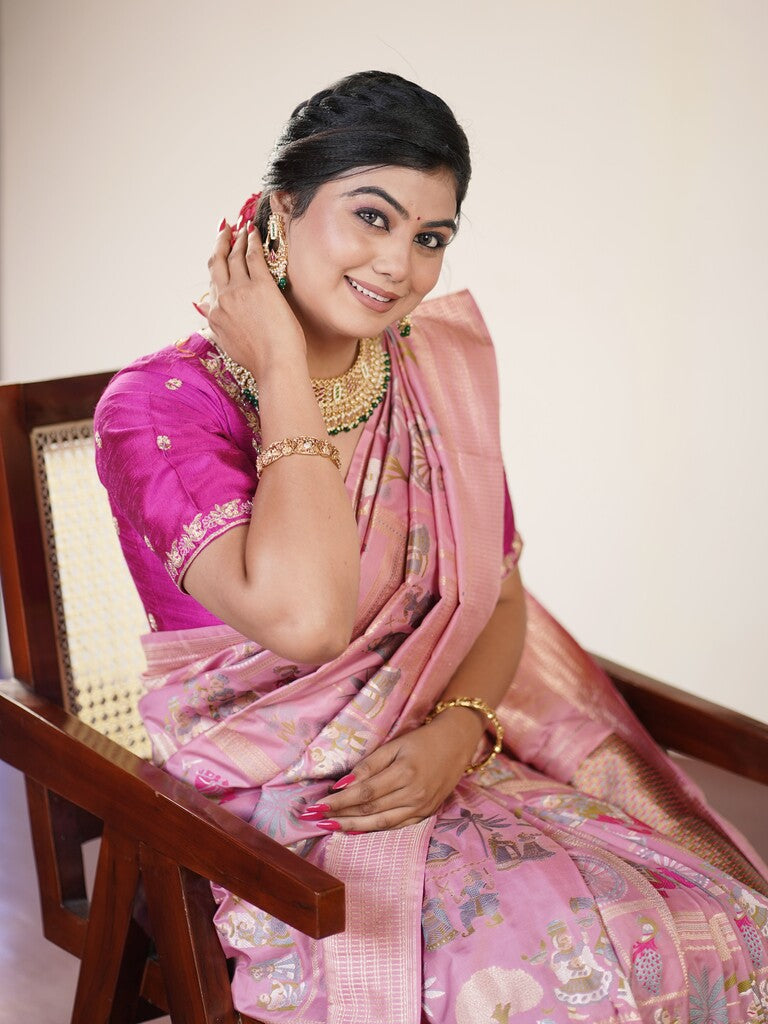 Banaras pattu saree purple color allover zari weaves & zari border with rich pallu and attached blouse