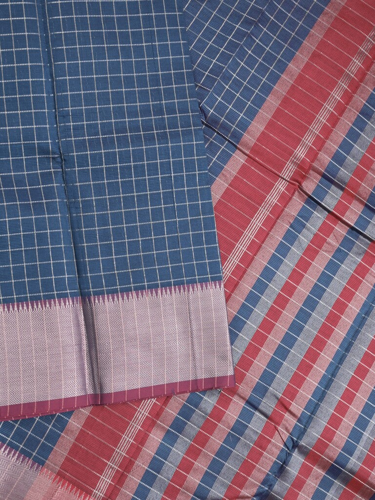 Mangalagiri fancy saree navy blue color allover zari checks & kaddi border with contrast pallu and plain blouse