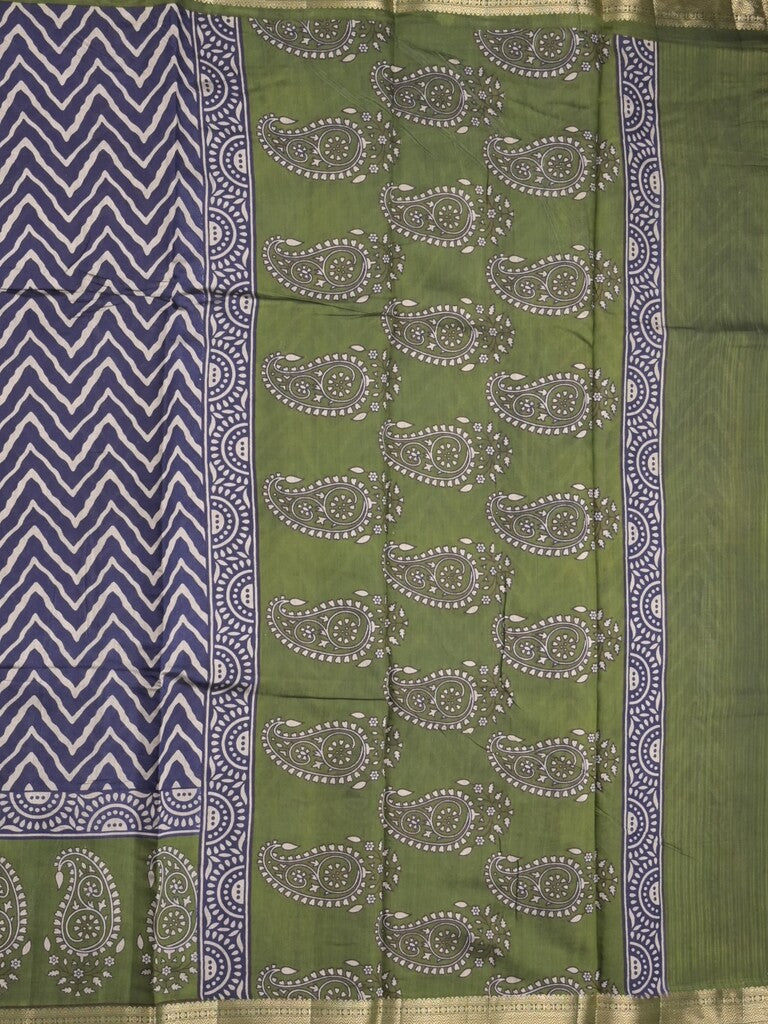Maheshwari fancy saree royal blue color allover prints & zari border with contrast printed pallu and blouse