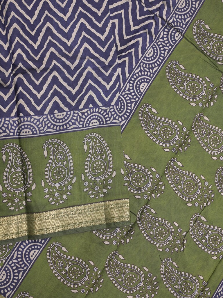 Maheshwari fancy saree royal blue color allover prints & zari border with contrast printed pallu and blouse