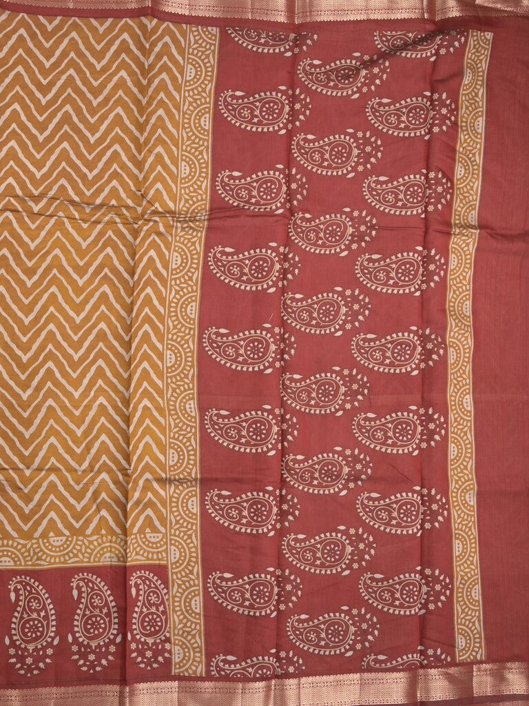 Maheshwari fancy saree mustard yellow color allover prints & zari border with contrast printed pallu and blouse