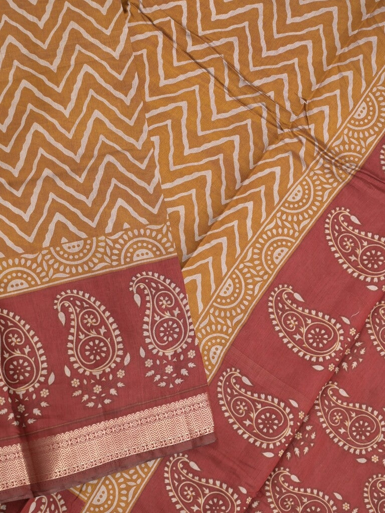 Maheshwari fancy saree mustard yellow color allover prints & zari border with contrast printed pallu and blouse