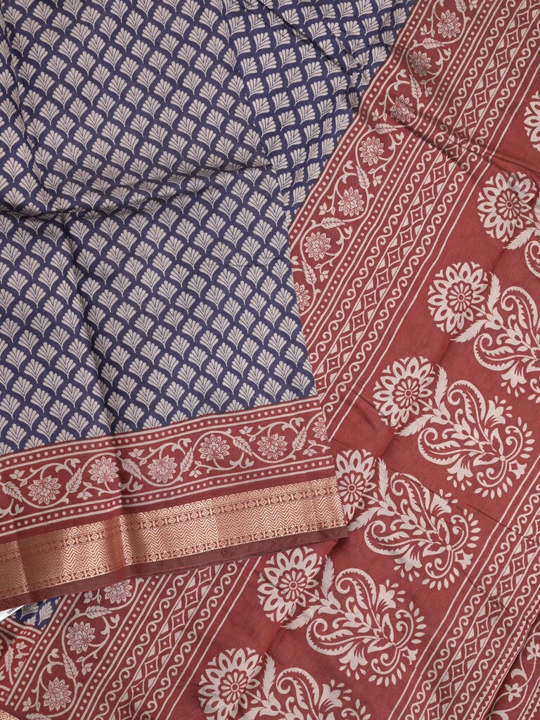Maheshwari fancy saree navy blue color allover prints & zari border with contrast printed pallu and blouse