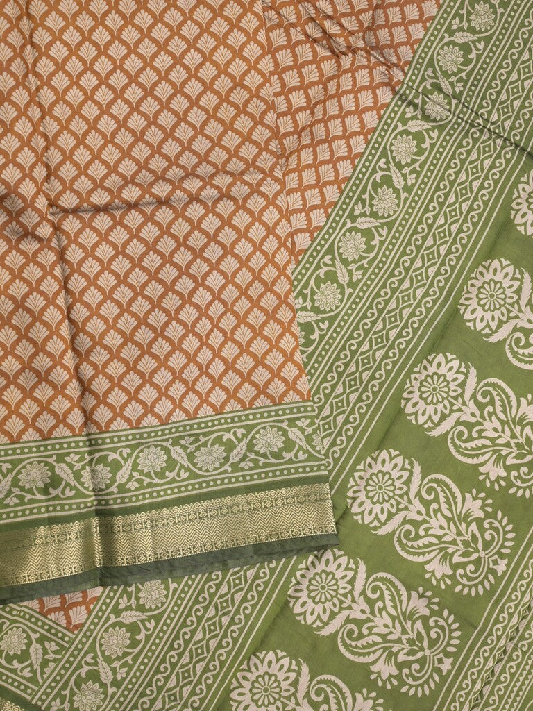 Maheshwari fancy saree mustard yellow color allover prints & zari border with contrast printed pallu and blouse