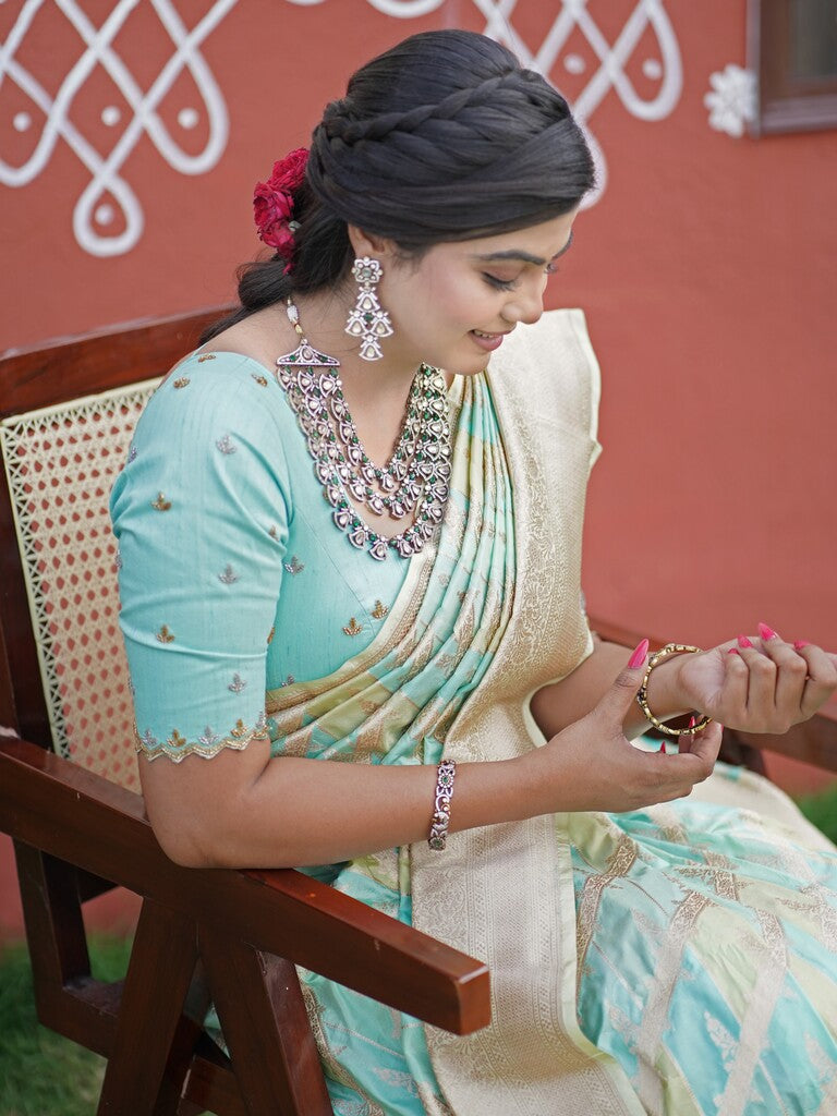 Banaras pattu saree pastel blue color allover zari weaves & zari border with rich pallu and attached plain blouse